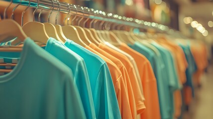 Obraz premium Bright, warm clothing store interior, colorful shirts on hangers, soft focus, pastel colors, teal and orange garments, retail display, fashion boutique atmosphere.