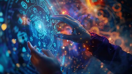 Fototapeta premium Two hands manipulating a futuristic holographic interface with digital data, suggesting advanced technology and innovation
