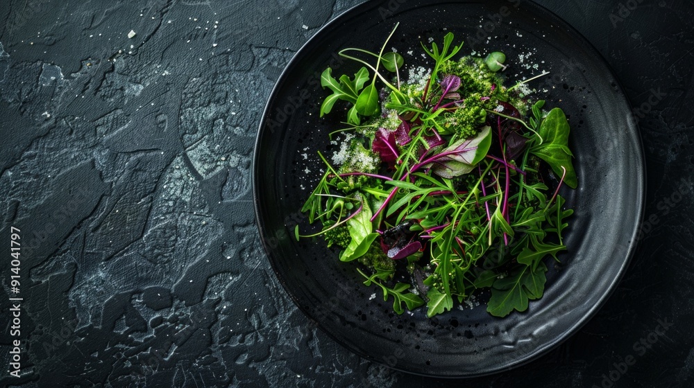 Canvas Prints Fresh green salad in black ceramic bowl on dark textured table. Healthy meal concept. Perfect for food blogs, dietary recipes, cooking websites. 