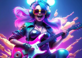 Wild and graceful woman rock guitarist in music concept	