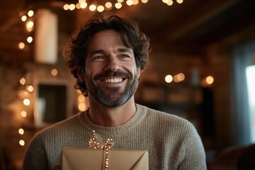 Obraz premium A smiling man with a neatly groomed beard holds a wrapped gift box, standing in a warmly lit, festive indoor setting with blurred decorative lights in the background.