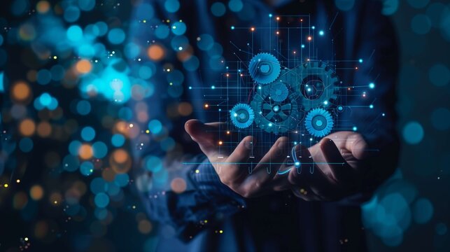 Businessman is holding virtual gears connected with lines, representing automation of business processes, optimization and new technologies