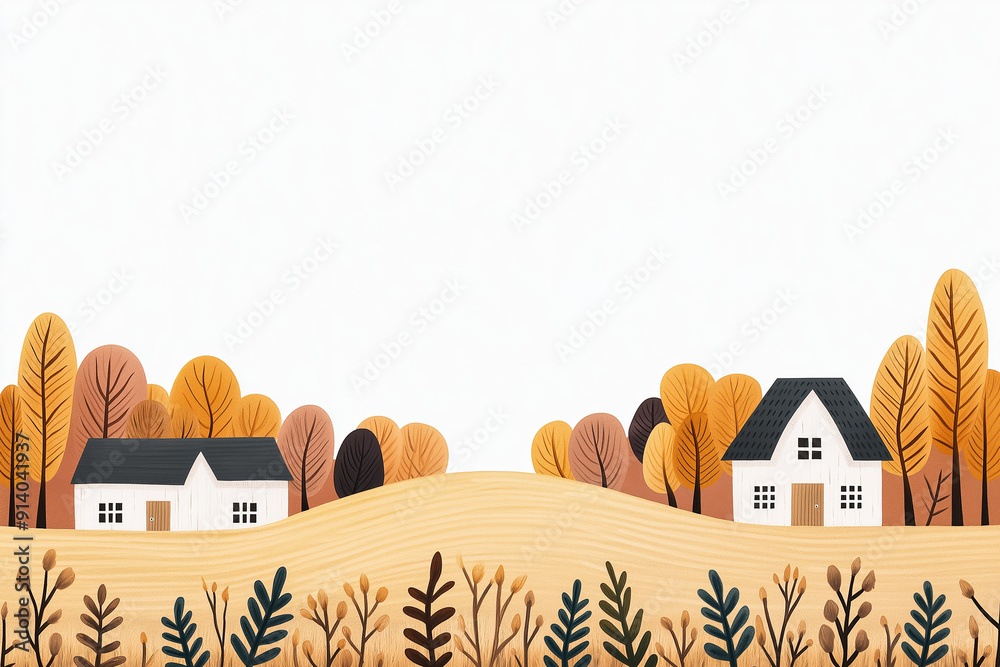 Sticker Whimsical autumn landscape illustration with cozy houses, colorful foliage, and blank space, perfect for Thanksgiving and fall-themed designs