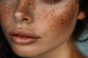 Fototapeta premium Close-up of a woman's freckled face focusing on her lips and nose.