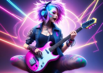 Obraz premium Wild and graceful woman rock guitarist in music concept 