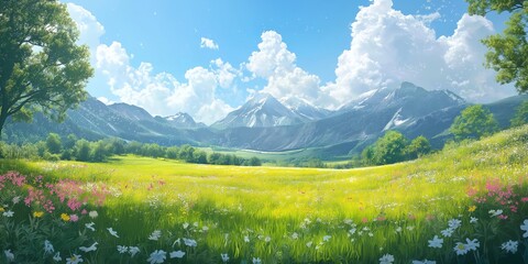 Fototapeta premium epic Landscape background beautiful meadows in springtime , portrait art, wide scale