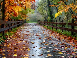 Colorful Autumn Forest Path with Wooden Bridge and Rain Soaked Leaves