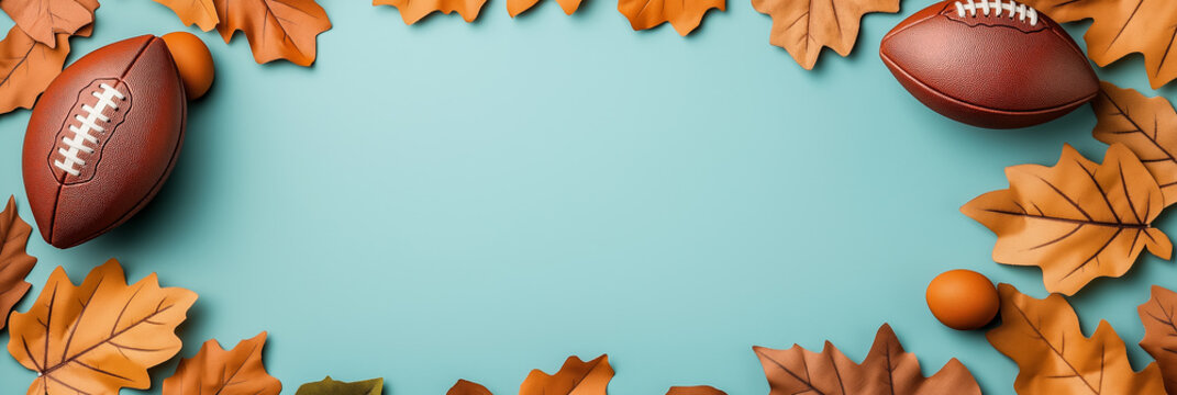 Autumn-themed Thanksgiving setup with footballs and pumpkins on blue background, symbolizing festive holiday and American football culture