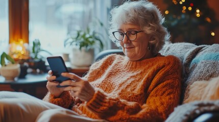 Senior woman embracing technology  digital literacy and connection in cozy living room