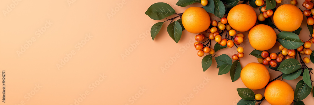 Sticker Fresh oranges with green leaves and small berries against an orange background, representing healthy eating and summer freshness