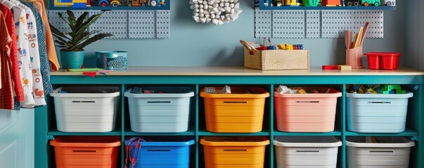 Colorful storage baskets in a kids room.