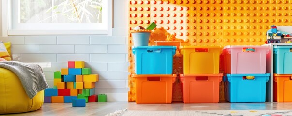 Colorful Storage Bins in Playroom.