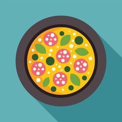 Freshly baked pizza with salami, cheese and basil, served on a round plate, perfect for restaurant menus, food blogs, or any culinary project