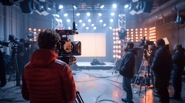 Group of cameramen and technicians are working on a tv show set, surrounded by professional equipment. The stage is lit with warm lights