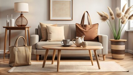 Obraz premium Modern living room interior with beige sofa, wooden coffee table and decorative elements.