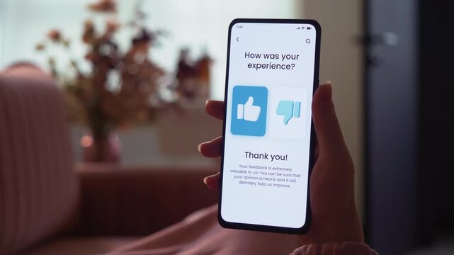 Pressing the thumbs up button leaving good customer feedback. Customer satisfaction concept. Fictional Interface.