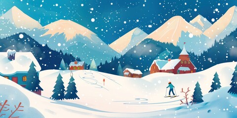 Winter wonderland with skier in snowy mountains.