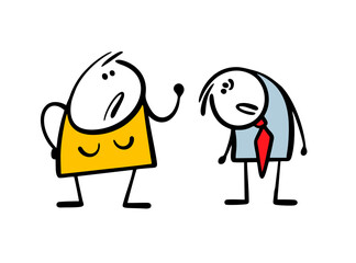 Funny strict wife scolds her husband. Vector illustration of an abusive woman. Poor man in the business suit bowed his head, sorry. Isolated stick figure characters on white background.