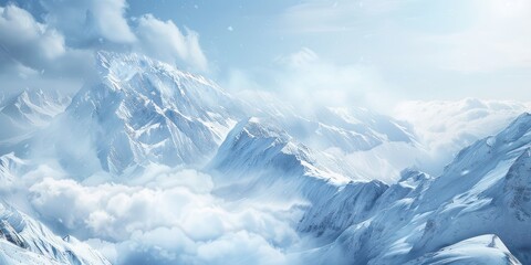 Majestic Snowy Mountain Peaks Piercing Through Clouds.