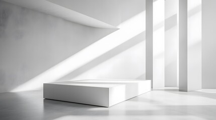 Obraz premium Minimalist white room, bright interior, geometric shapes, abstract architecture, clean lines, white podium, soft shadows, sunbeams, light rays, futuristic space, empty gallery.