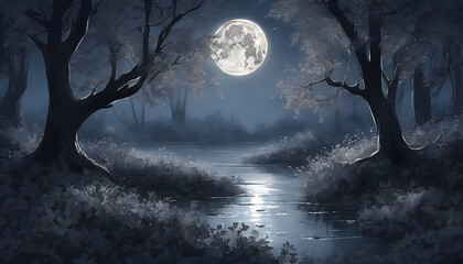 Naklejka premium Moonlit Majesty: A Solitary House Gazing Upon the Tranquil Waters