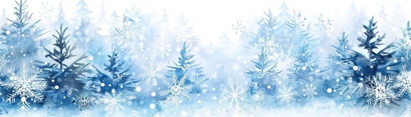 Watercolor Winter Forest with Snowflakes.