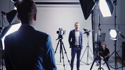 Businessman poses in a busy studio for a film crew, creating video content with modern equipment and technology
