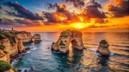 Naklejka premium Vibrant orange sunset casts a warm glow on the Mediterranean Sea, highlighting the iconic Raoushe Rock formation along Beirut's scenic coastline in Lebanon.