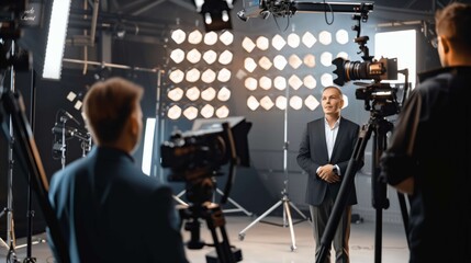 Politician is standing on a set, surrounded by professional lighting and cameras, while a television crew films him giving an interview