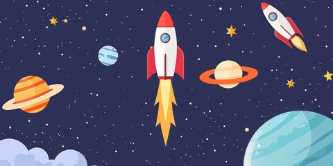 Cartoon Spaceship Rockets through Space.
