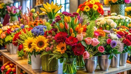 Fototapeta premium Vibrant bouquet of fresh flowers in a florist shop displays stunning beauty, featuring a diverse mix of bright colors, shapes, and delicate petals in harmony.