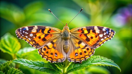Obraz premium Vibrant Painted Lady butterfly, Vanessa cardui, perches on a delicate green leaf, its intricate wings showcasing a kaleidoscope of colors against a soft, blurred nature background.