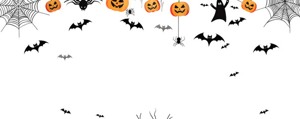 Happy Halloween seamless banner or border with black bats, spider web, ghost and pumpkins. Vector illustration party invitation isolated on transparent background