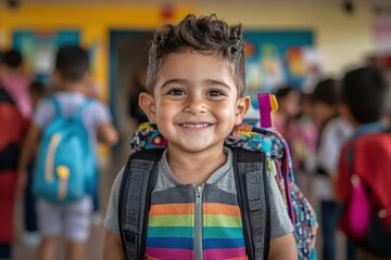 A cheerful young boy with a colorful backpack, smiling brightly in front of a school setting. His joy and excitement for learning shine through in this vibrant image.