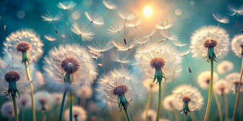 Obraz premium Softly focused dandelion seeds disperse in air, creating a whimsical, ethereal atmosphere with delicate, feathery textures and pastel hues, evoking a sense of serenity.