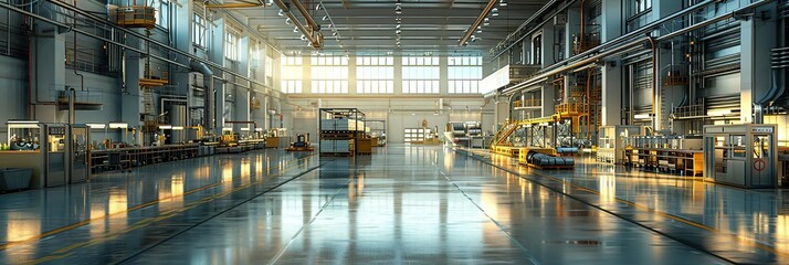 Fototapeta premium Industrial Factory Interior with Large Windows and Reflective Floor