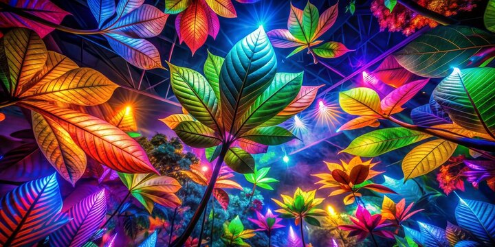 Vibrant, electric-hued leaves glow with an otherworldly intensity, suspended in mid-air, their delicate forms radiating a mesmerizing kaleidoscope of neon and fluorescent colors.