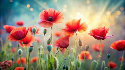 Delicate, vibrant red poppies sway gently in the breeze, set against a soft, dreamy natural background, evoking a sense of serenity and peaceful beauty.