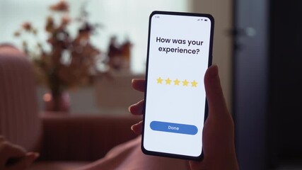 Giving five star rating review online. Excellent customer experience evaluation. Fictional Interface.