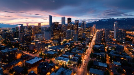 Fototapeta premium A stunning aerial view of a vibrant city skyline at dusk,
