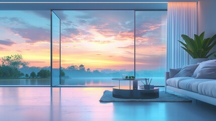 Fototapeta premium Interior view of vacation house with scenic lake view at sunset