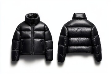 Black puffer jacket front and back view on white background
