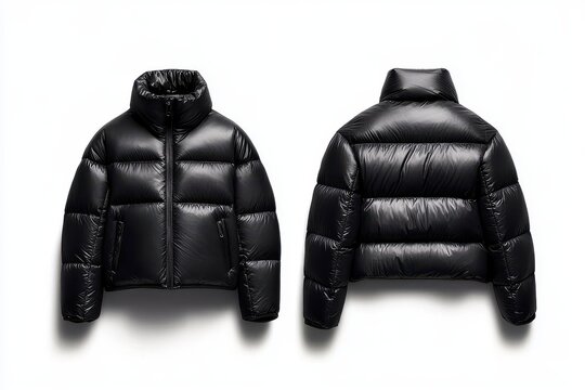 Black puffer jacket front and back view on white background