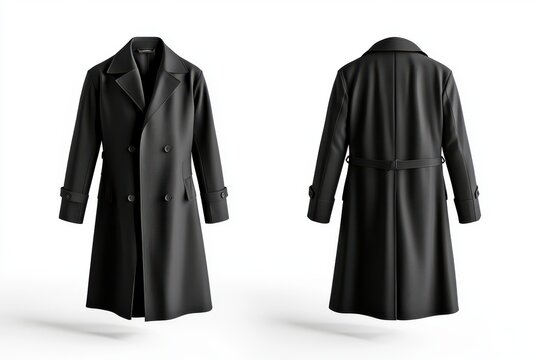Black trench coat front and back view on white background