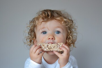 Little girl with curly hair eating a granola bar.