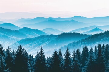 Obraz premium Foggy mountain landscape with pine trees in the foreground, creating a mystical and serene atmosphere. Nature's beauty and solitude concept.