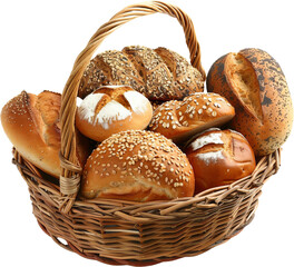 A wicker basket overflowing with freshly baked bread, including loaves and rolls.
