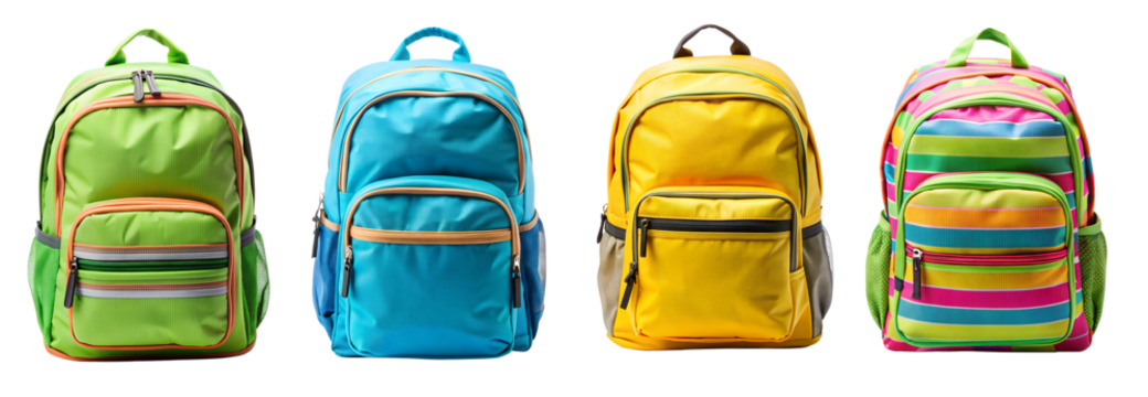 Set School Bags, Four Bright Colorful Backpacks, For Girls, For Boys, back to school, isolated on transparent background