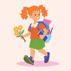 The vector illustration of a little girl and with red hair and bright smile, wearing a vibrant blue backpack, going to scool. For a motivational sticker or educational decal, postcard, books