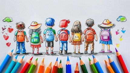 Rentr&eacute;e scolaire, dessin d'enfant allant &agrave; l'&eacute;cole, avec des crayons de couleurs au premier plan, sur fond blanc, ia g&eacute;n&eacute;rative